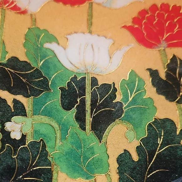 FLOWER POPPY PATTERN CLOISONNE PORCELAIN 7” Enamel Plate Vintage Asian Japanese - Picture 2 of 6
